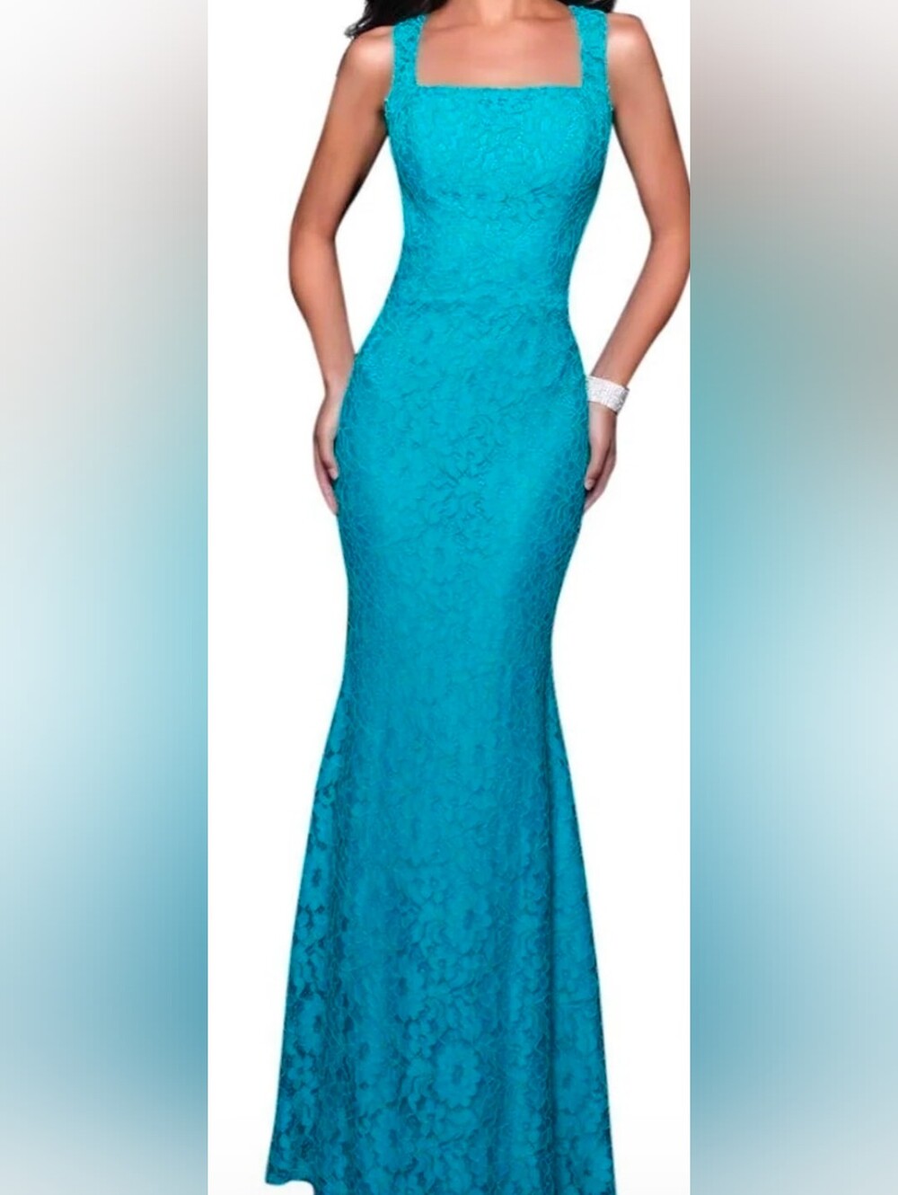 Size 10 Nina Canacci 7355 Teal Floral Lace Gown Square Neck Open Back NWT